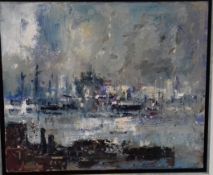 GARETH PARRY oil on canvas - 'Low Tide Near Port Talbot (Docks & Industry)', 20 x 24 inches