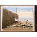 NICK JOHN REES framed acrylic on canvas - 'Repairing the Mooring Lines in Front of the Harbour