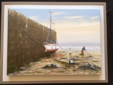 NICK JOHN REES framed acrylic on canvas - 'Repairing the Mooring Lines in Front of the Harbour