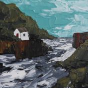 PETER MORGAN framed acrylic - 'Porthgain Harbour Wall', 110 x 100mm