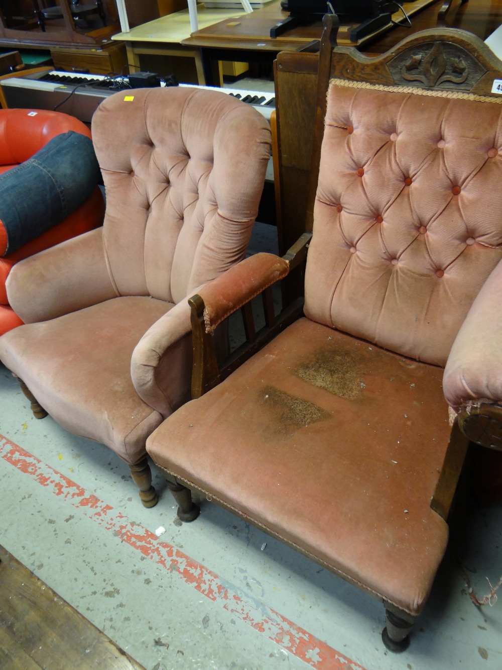 An antique chaise longue, similarly upholstered armchair & button back chair (all distressed) - Image 2 of 2