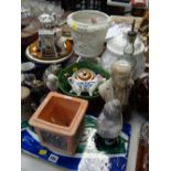 Large collection of pottery items including planters, teapots, busts & plates etc