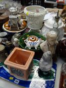 Large collection of pottery items including planters, teapots, busts & plates etc