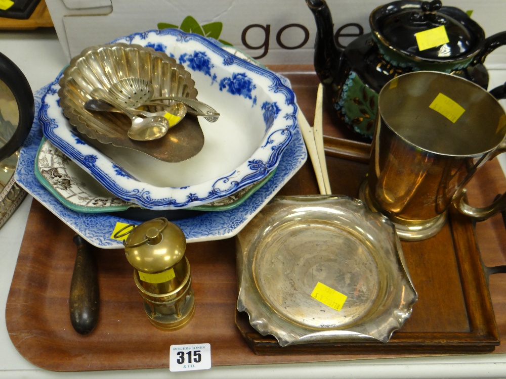 A tray of various items including a crumb tray, EPNS, ceramic teapot & dishes etc