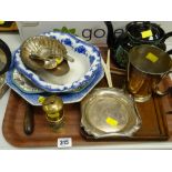 A tray of various items including a crumb tray, EPNS, ceramic teapot & dishes etc