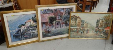 Two framed prints together with a continental oil on canvas of a street scene