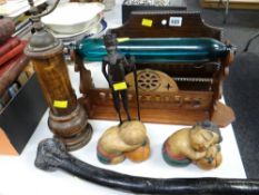 Small oak letter rack, vintage pepper grinder, carved figures & a bog oak shillelagh
