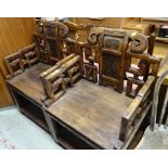 A pair of carved Oriental hardwood armchairs, a pair of wheel back chairs (distressed) & three