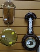 A darkwood barometer & thermometer together with a brass hotel gong