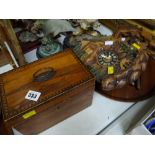 A believed walnut & inlaid tea caddy together with two tourist cuckoo clocks