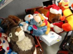 Two crates of soft toys including Disney characters, Father Christmas etc