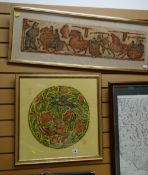 Three framed Oriental prints on silk of Oriental symbols