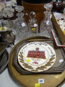 Two metalware trays together with a decorative plate & three decanters