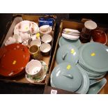 Two crates of pottery dinnerware in various patterns & novelty mugs & cups etc