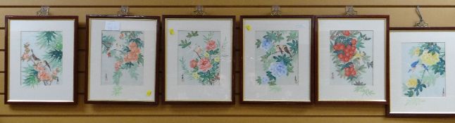 A set of five framed Qui-Sang silk prints with certificates of authenticity