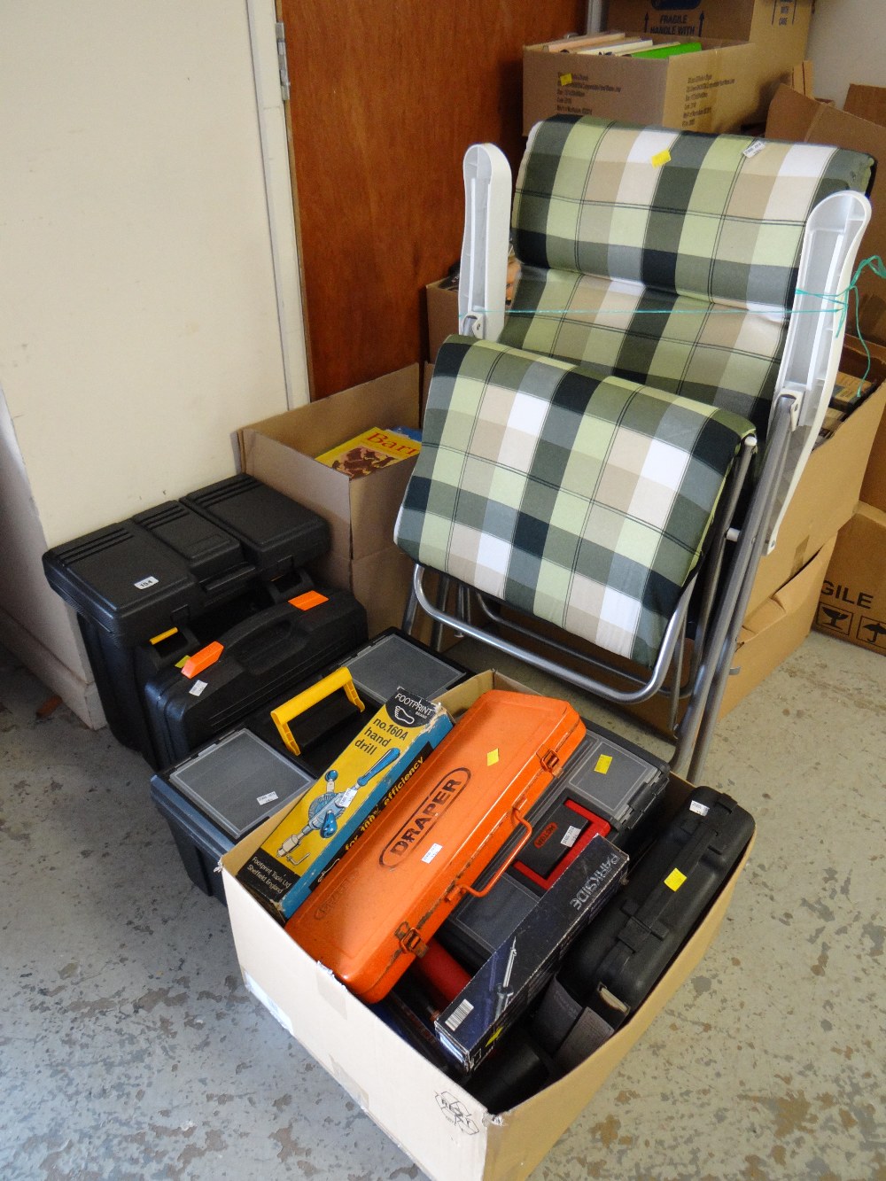 A parcel of various cased power tools, socket set, toolboxes & a garden recliner etc