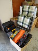 A parcel of various cased power tools, socket set, toolboxes & a garden recliner etc