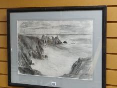 SARA JOHN charcoal drawing - West Country coastal scene, entitled verso 'Cornish Cove', signed (