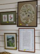 A good embroidery panel of a bird amongst foliage together with miscellaneous prints etc