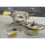 Hallmarked silver sauce boat, napkin ring & mustard pot