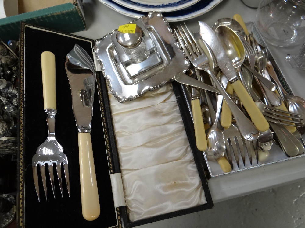 Small parcel of EPNS cutlery together with an EPNS inkwell & stand