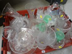 A crate of glassware including large crystal flower vases, platters & some drinking glasses etc