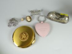A 9ct gold cameo pendant, marcasite brooches, compact etc