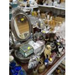 Tray of various ornaments & glassware including a dressing table mirror, jewellery boxes & resin