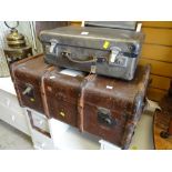 A small vintage suitcase & a vintage banded trunk