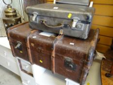 A small vintage suitcase & a vintage banded trunk