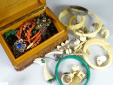 A box containing costume jewellery together with a bag of yellow metal believed gold decorated