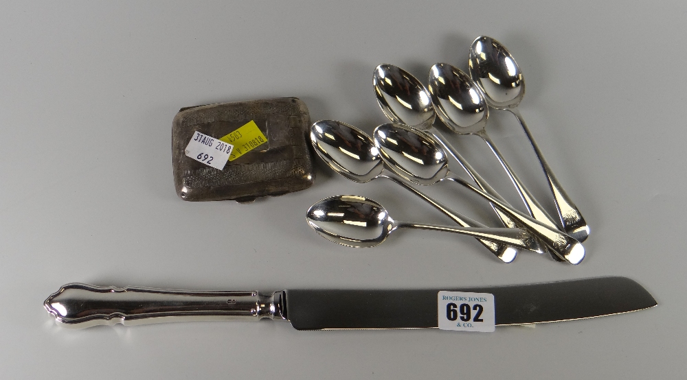Set of six hallmarked silver teaspoons, silver handled cake knife, cigarette case