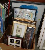 A box of various framed furnishing prints etc including reproduction Gren cartoon, framed maps etc