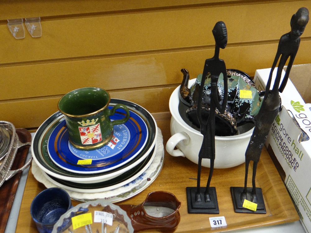A tray of Rumney pottery, Ewenny pottery together with two modern metallic African figurines