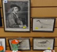 A framed etching of Sir Joshua Reynolds together with three ornithological prints