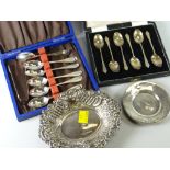 Two cased hallmarked silver sets of teaspoons, hallmarked silver bon bon dish & small silver dish