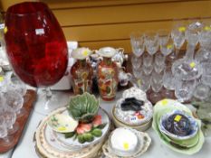 A parcel of mixed china including Carltonware bowls, EPNS tray, large red glass vase, paperweight