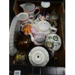 Box of mixed china including novelty teapots, Masons ginger jar etc