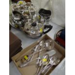 A three-piece EPNS teaset, EPNS bottle stand, tray & loose cutlery etc