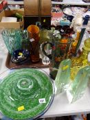 A tray of various coloured glass including drinking glasses, vases, ornaments, dishes etc
