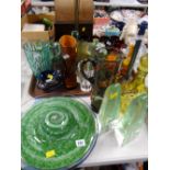 A tray of various coloured glass including drinking glasses, vases, ornaments, dishes etc