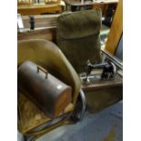 A retro chrome framed corduroy chair, a loom chair & a vintage Singer sewing machine