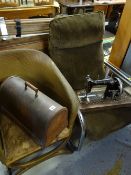 A retro chrome framed corduroy chair, a loom chair & a vintage Singer sewing machine