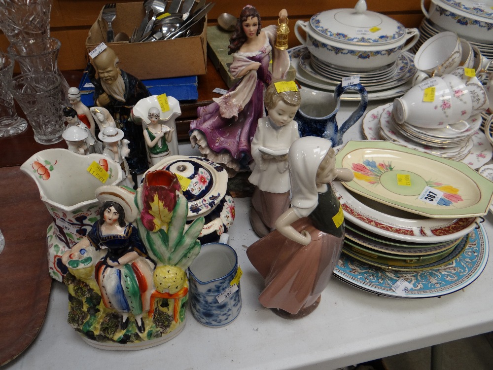 Continental ceramic figures, Staffordshire pottery, Wedgwood plates etc