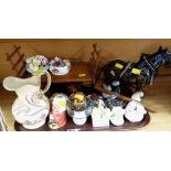 Tray of china novelties including floral vases, glass mushroom & shire horse etc