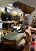 An antique drop flap tripod table & two antique foot stools