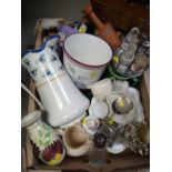 Crate of mixed china & EPNS including wooden letter rack, planters, jugs etc