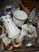 Crate of mixed china & EPNS including wooden letter rack, planters, jugs etc