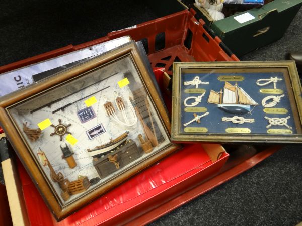 Two framed displays of nautical knots, Titanic ephemera & a Little Britain doll together with a