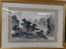 A large gilt framed Oriental watercolour - figure crossing a bridge with waterfalls in background
